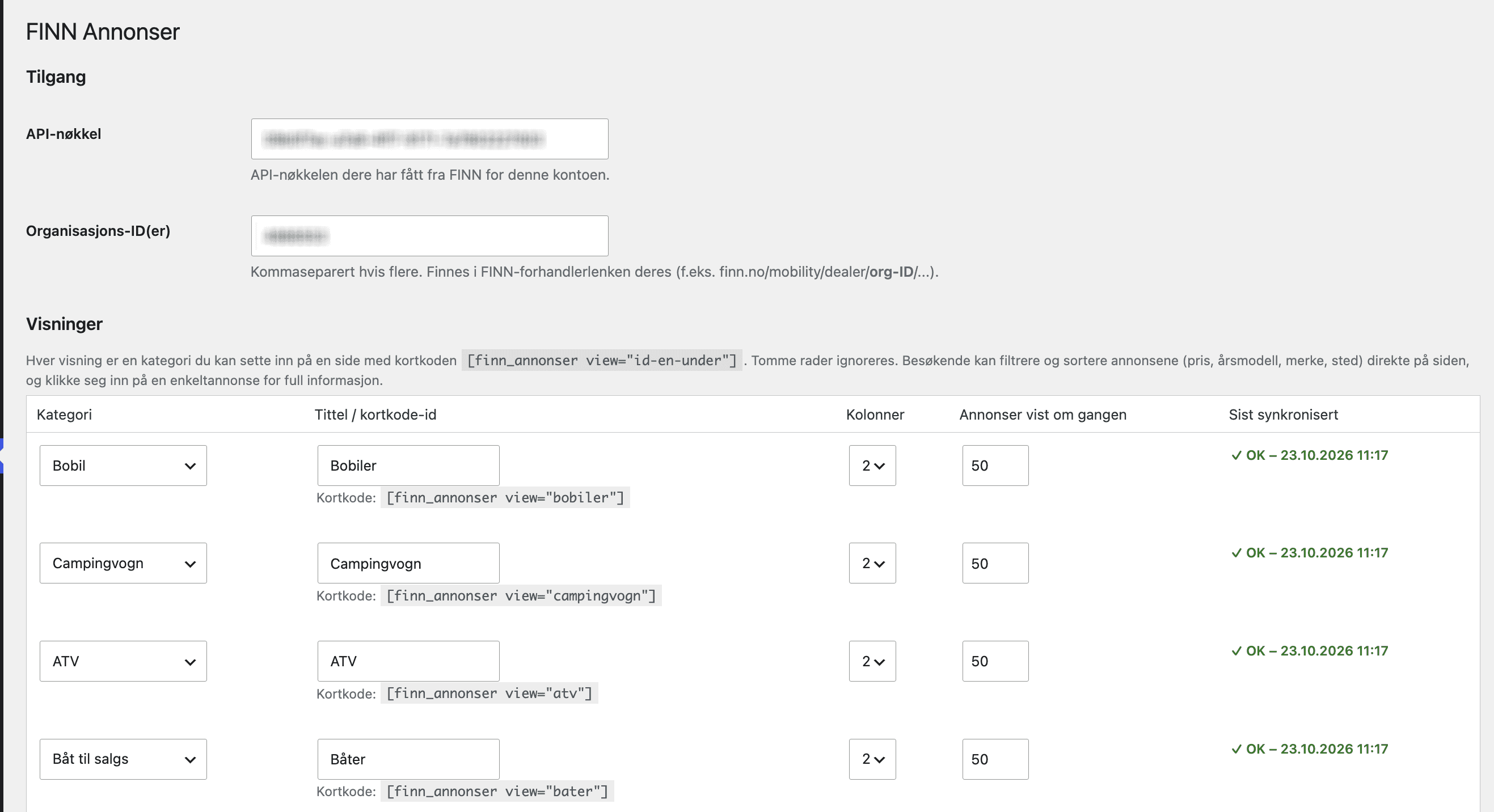 FINN-annonser i WordPress: API-nøkkel, organisasjons-ID og visninger per kategori med kortkode og synkroniseringsstatus