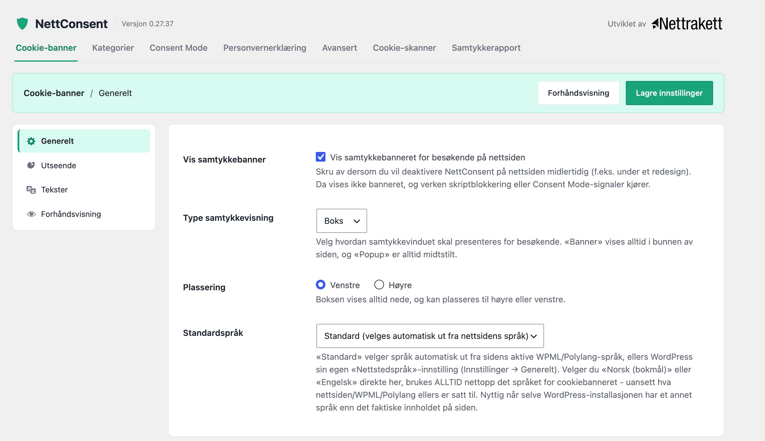 NettConsent i WordPress: innstillinger for cookie-banner, kategorier, Consent Mode og samtykkerapport