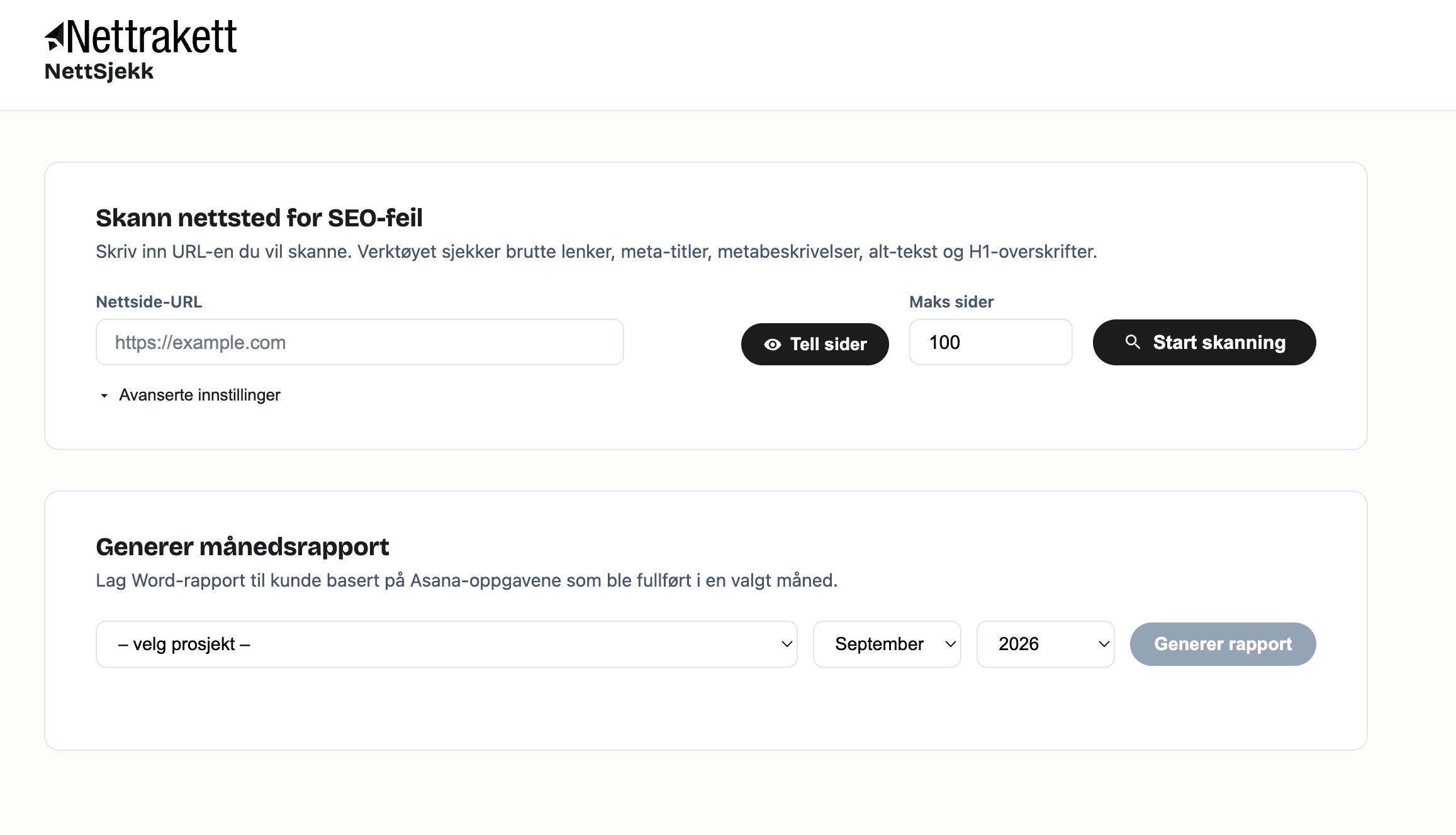 NettSjekk: skann et nettsted for SEO-feil og generer månedsrapport til kunde