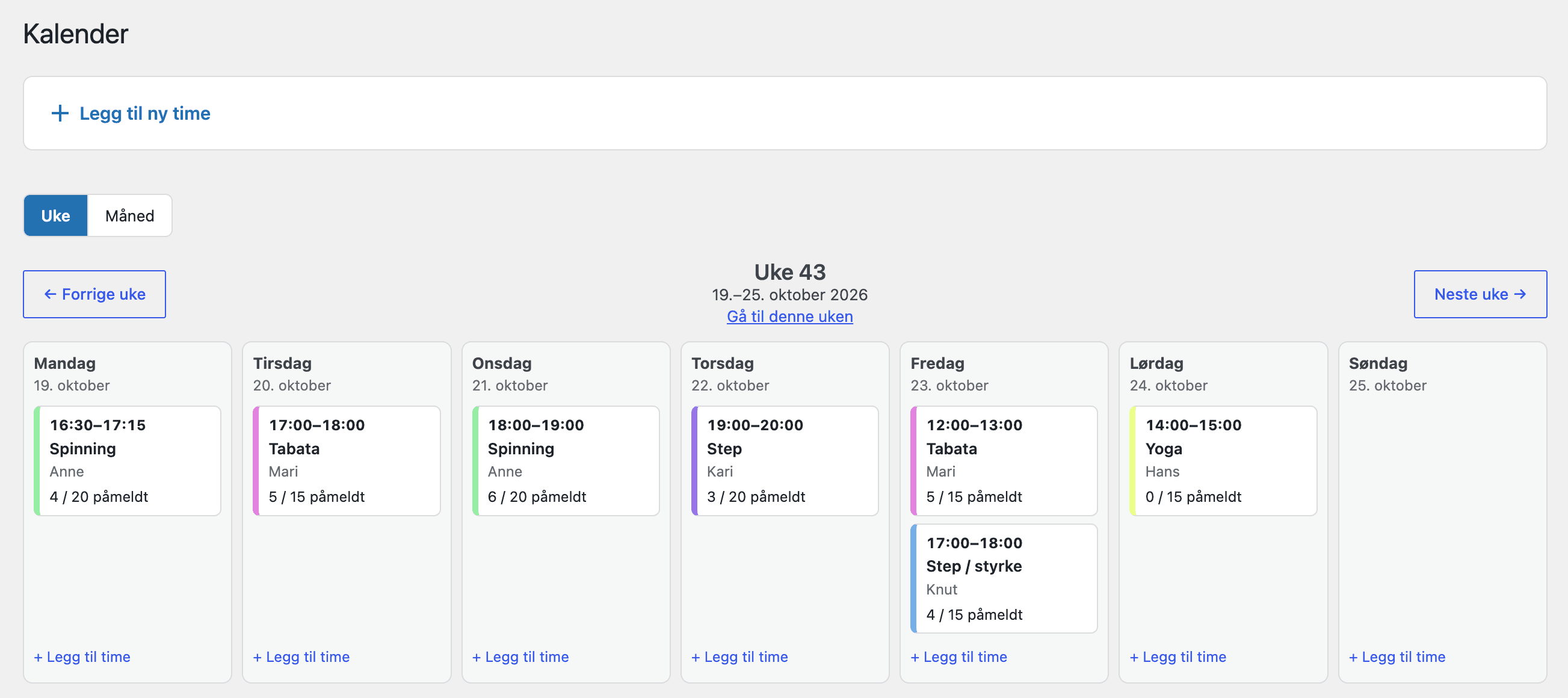 Timebooking i WordPress: ukekalender med treningstimer, instruktør og antall påmeldte