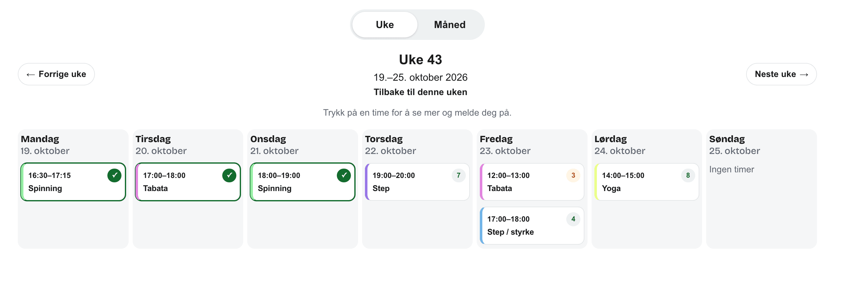 Timebooking på nettsiden: kalenderen der medlemmene melder seg på timer