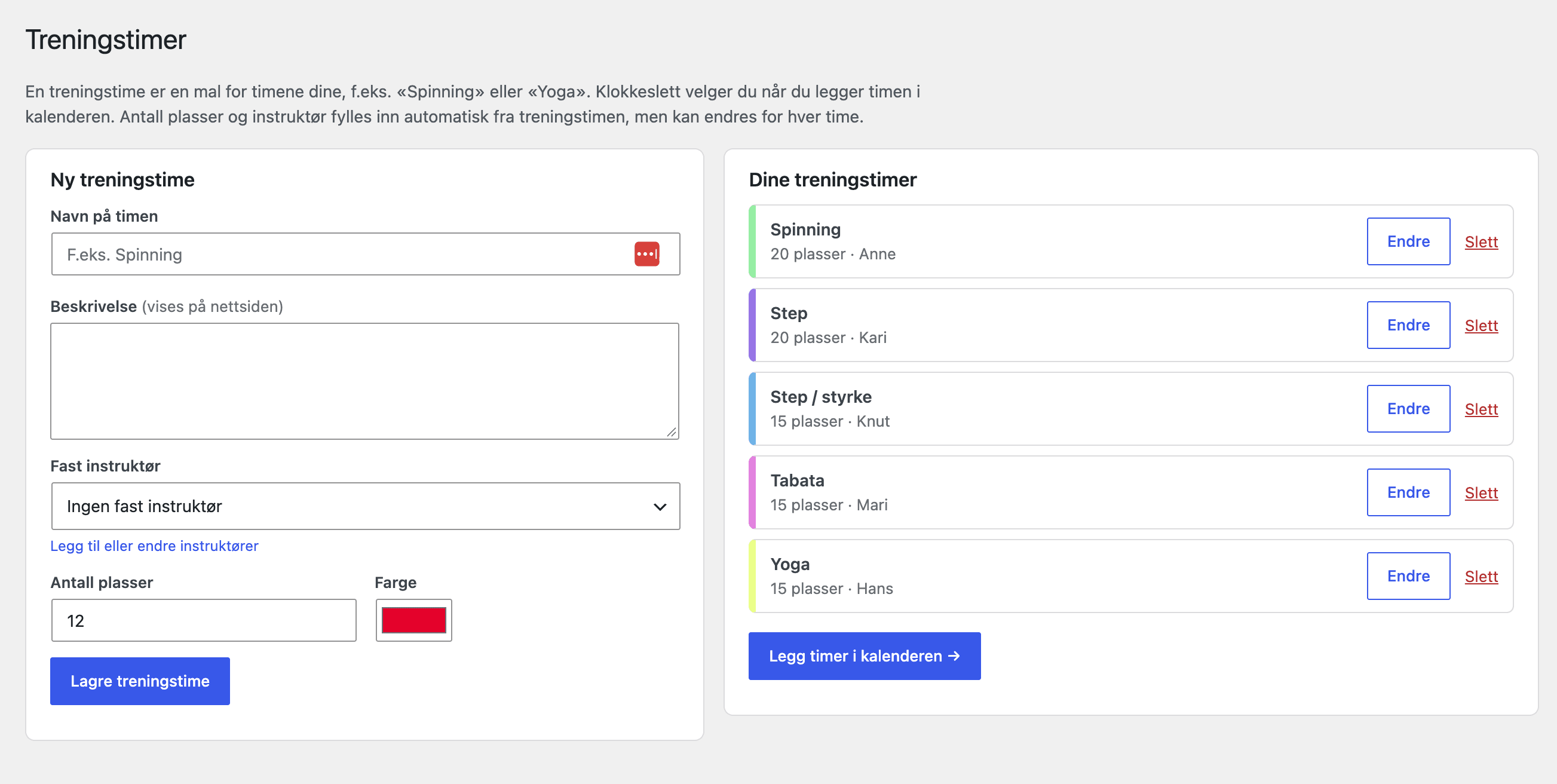 Timebooking i WordPress: oppsett av treningstimer med instruktør, antall plasser og farge