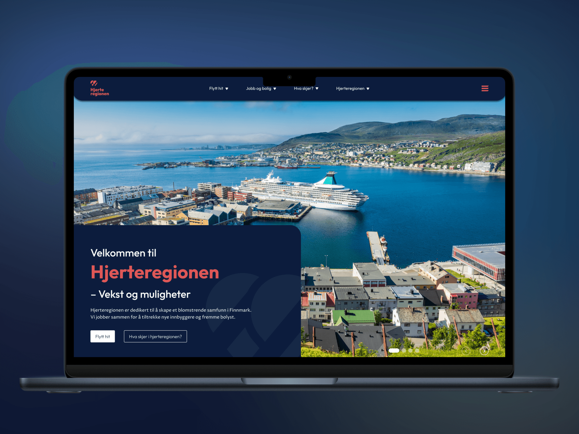 Hjerteregionen.no på PC: forsiden med «Velkommen til Hjerteregionen – Vekst og muligheter»
