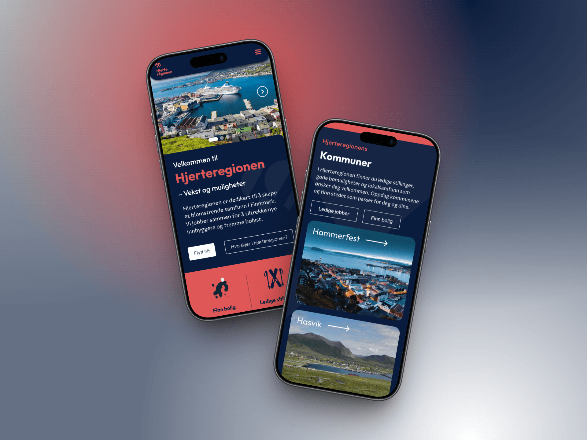 Hjerteregionen.no på mobil: forsiden og oversikten over kommunene Hammerfest og Hasvik