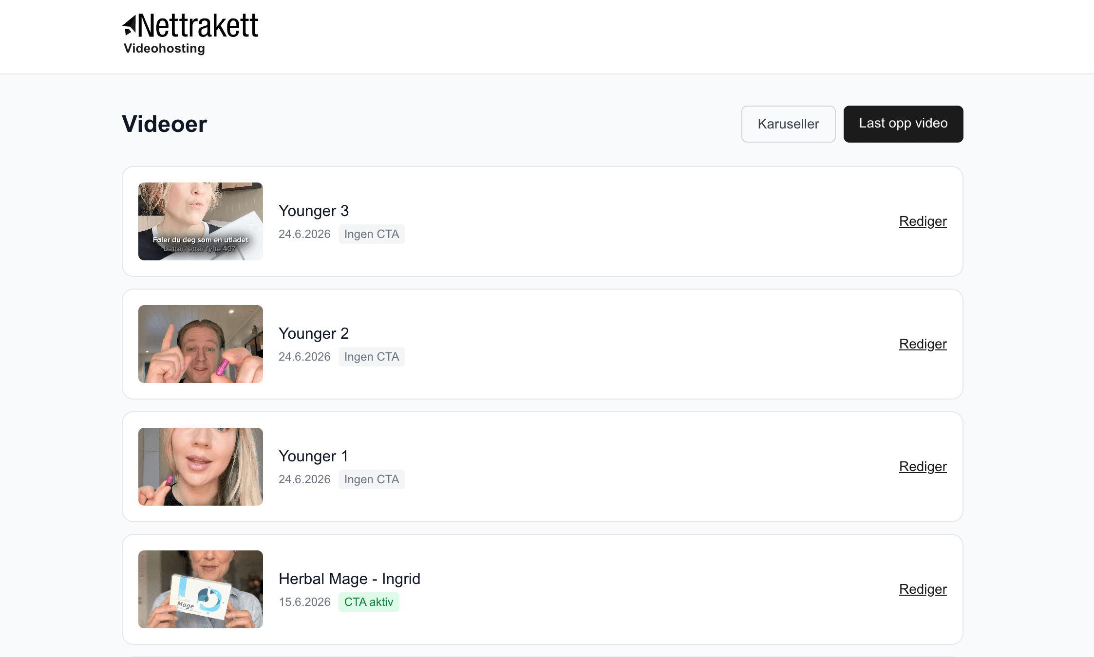Videohosting: oversikt over opplastede videoer med status for CTA